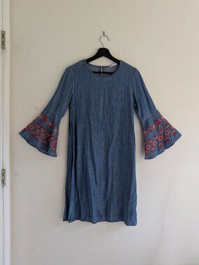 Embroidered Chambray Dress S Floral Blue Bell Sleeve Boho Knee Length Lyocell